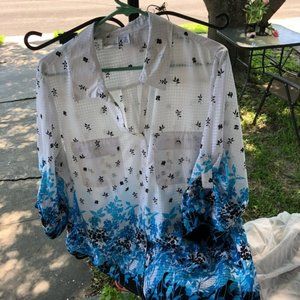 Blouse - white checked with gradient blue floral